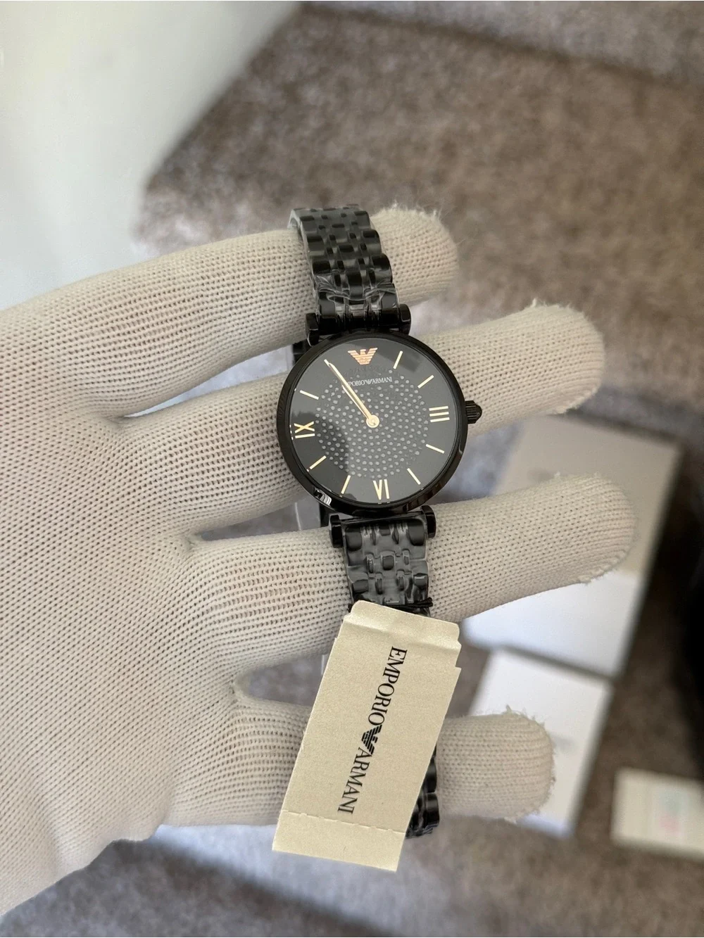 Emporio Armani Women's Black and Rose Gold Stainless Steel Bracelet Watch
